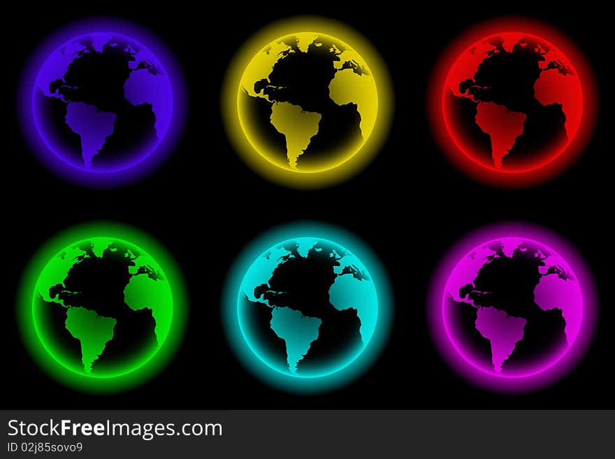 Series of six icons or buttons globe. neon-style on black background. Series of six icons or buttons globe. neon-style on black background