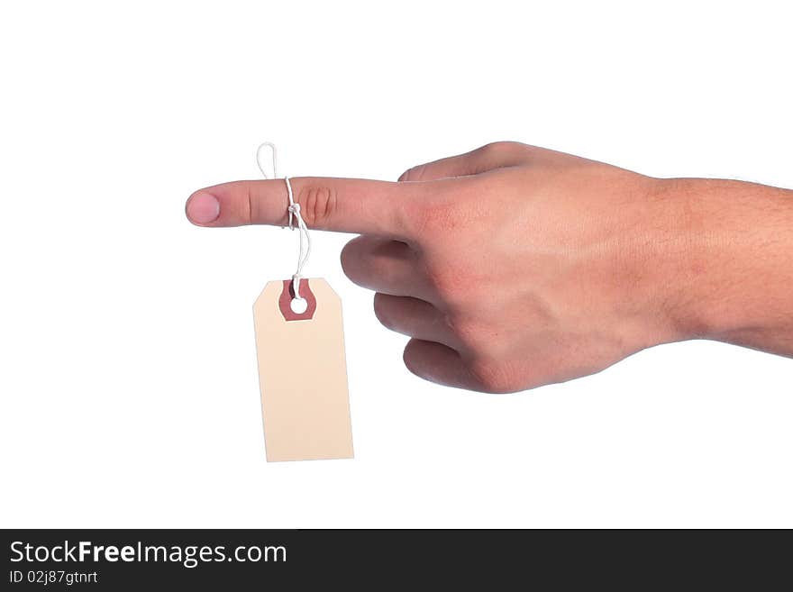 The man's finger specifies a direction, the label is adhered to a finger for the information. The man's finger specifies a direction, the label is adhered to a finger for the information.