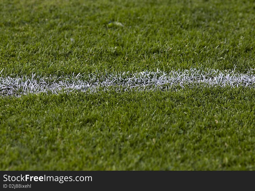 Abstract shot of green football grass with a white line on it