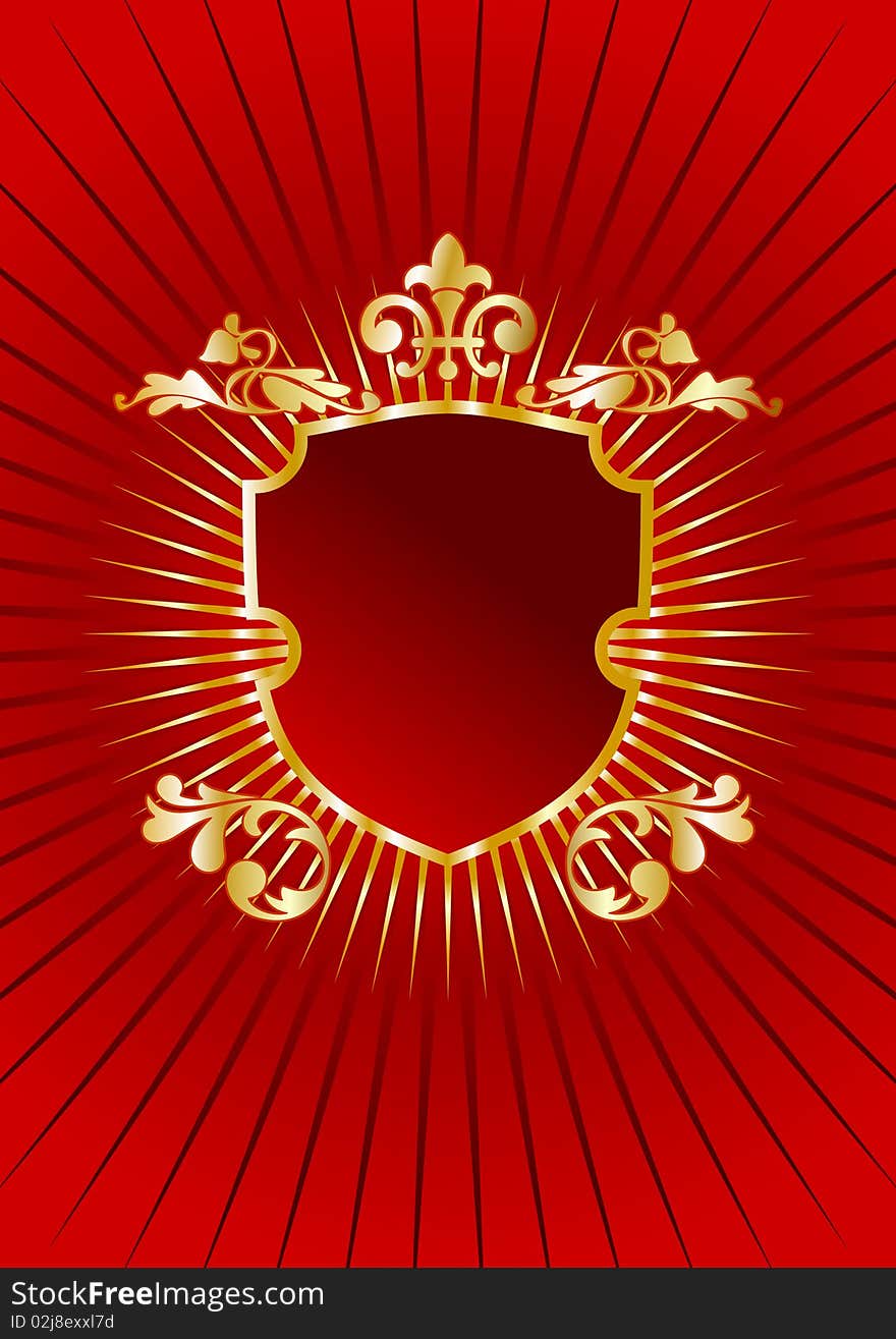 Heraldic golden shield on red background