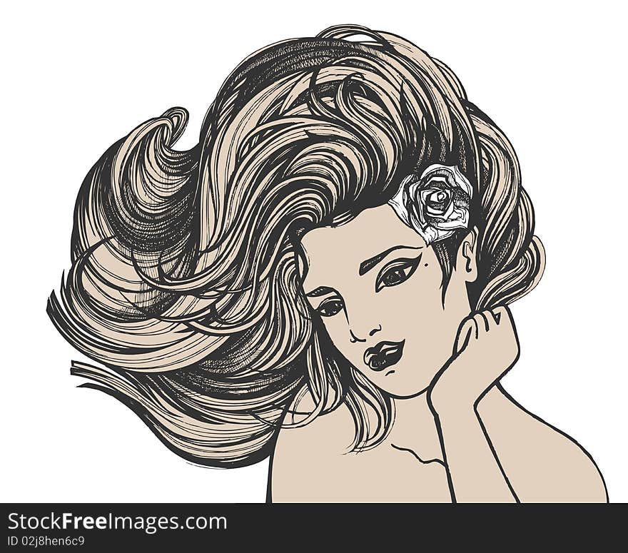 Drawing of a young woman with long hair flowing in a wind, smiling. Isolated on white background. Drawing of a young woman with long hair flowing in a wind, smiling. Isolated on white background.