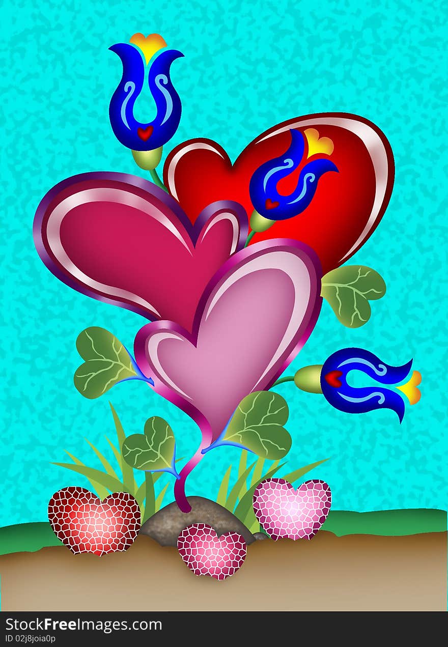 Vector art of hearts and flowers growing on a tree, with fruit heart on thr ground. Vector art of hearts and flowers growing on a tree, with fruit heart on thr ground