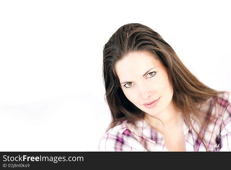 Portrait of a young woman, white background. Portrait of a young woman, white background