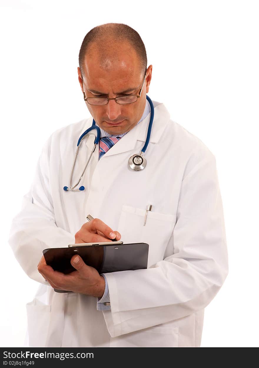 Doctor Writing Notes on a clipboard on white background