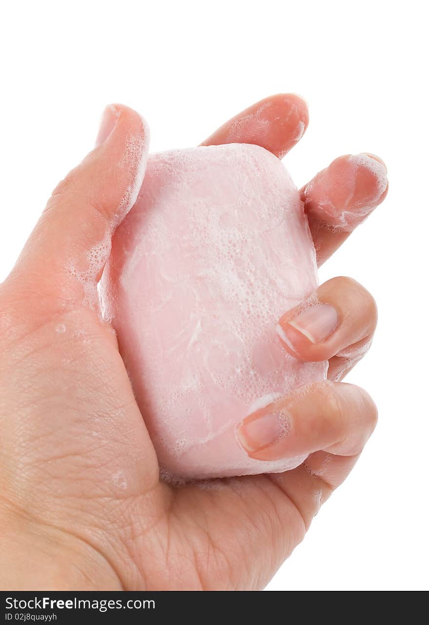 Toilet soap with foam in woman's hand. Toilet soap with foam in woman's hand