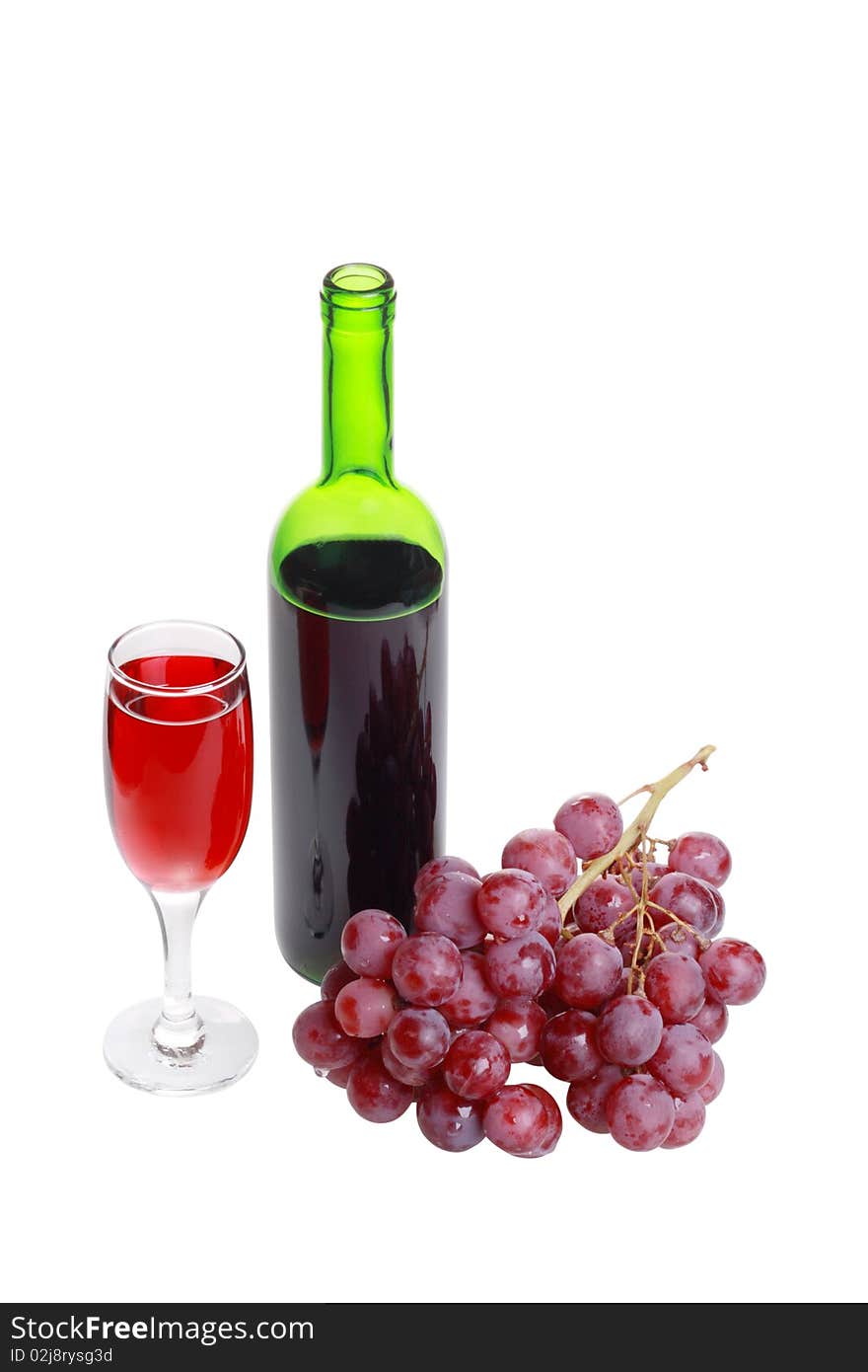 A bottle of wine, a glass and a bunch of grapes. Isolated object on a white background