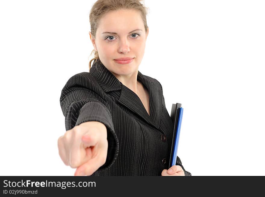 Businesswoman pointing at you, isolated on white background. Businesswoman pointing at you, isolated on white background