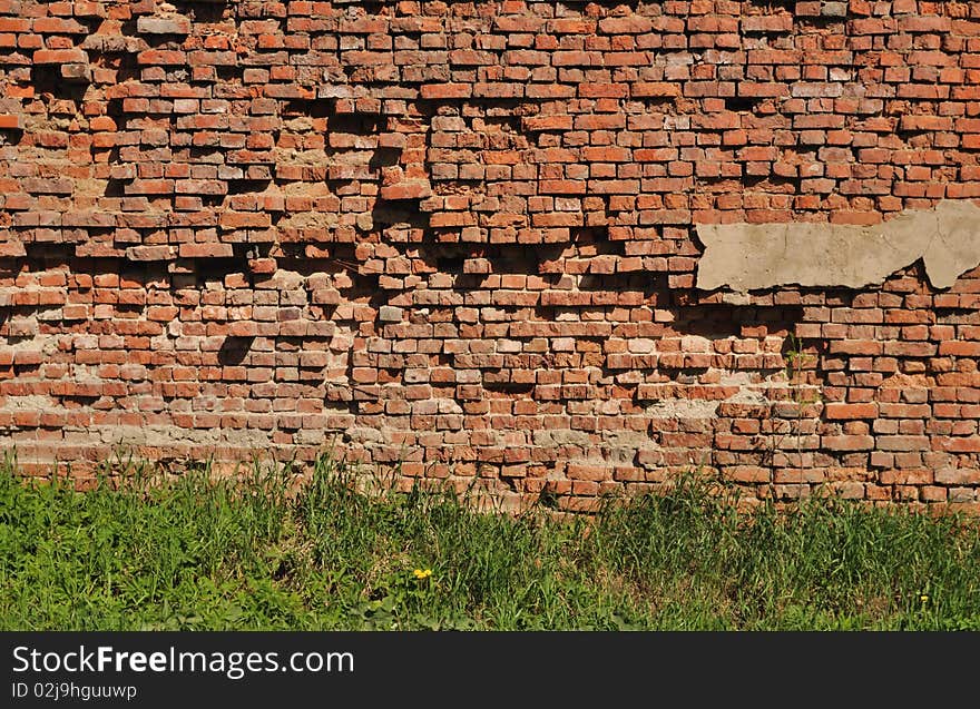 Fragment of old destroyed brick wall background with green grass