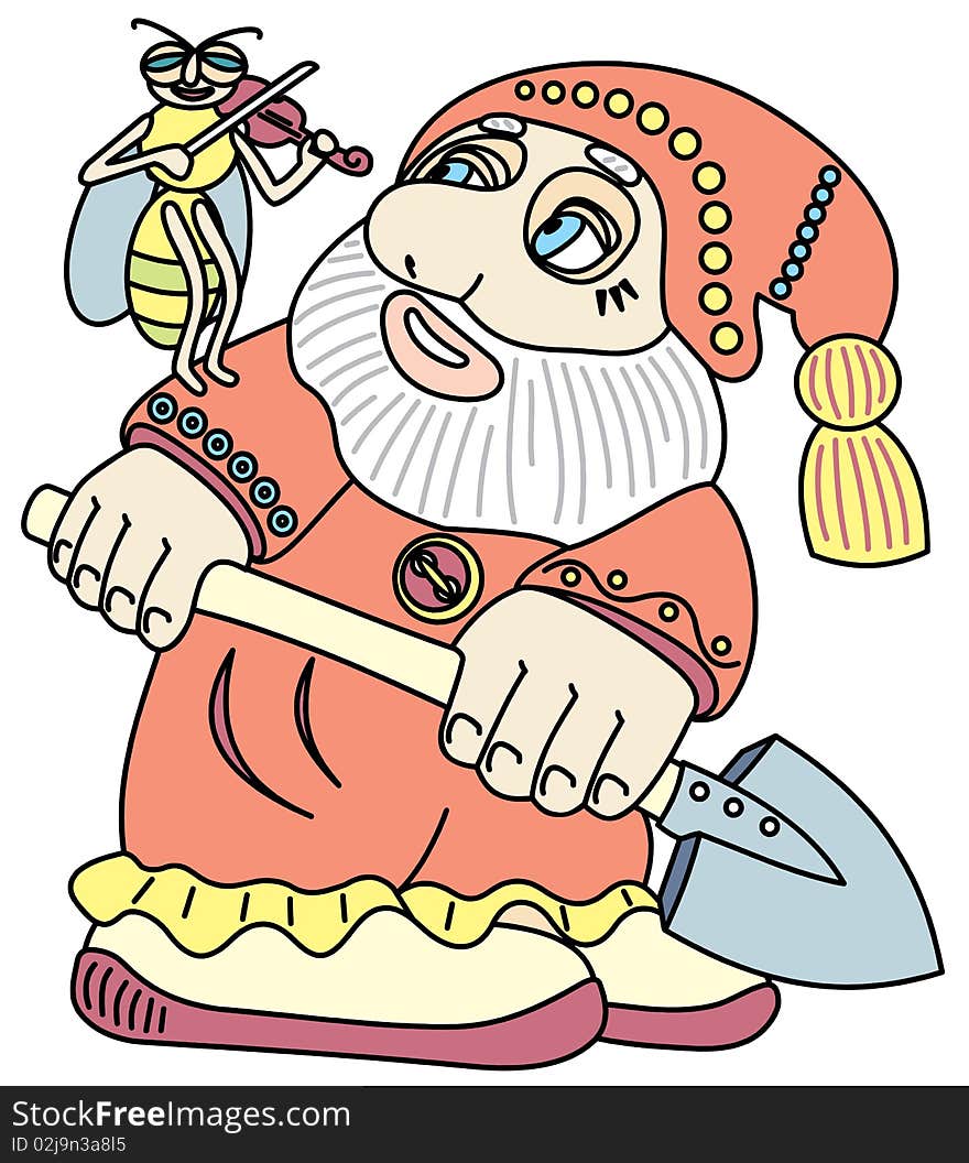 Good gnome with a shovel. Vector illustration.