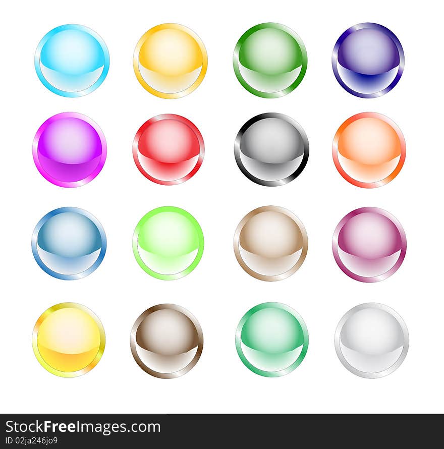 A collection of glossy circular figured  buttons in various colours , isolated on white background. A collection of glossy circular figured  buttons in various colours , isolated on white background