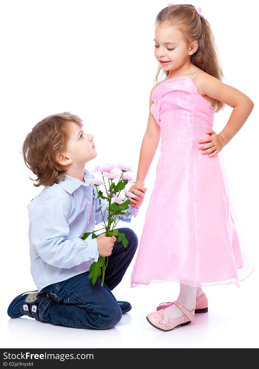 Little boy and girl in love. Isolated on white background