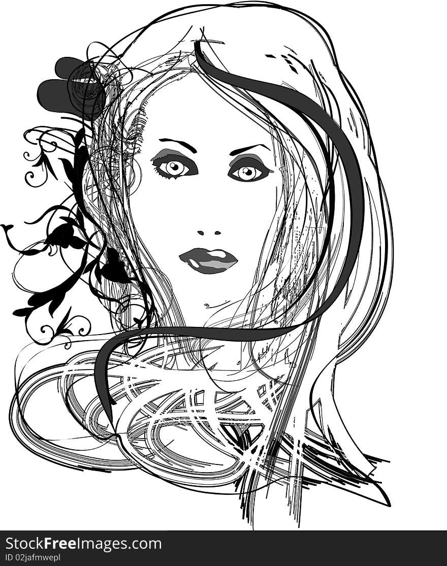 Illustrated pretty woman with long hair