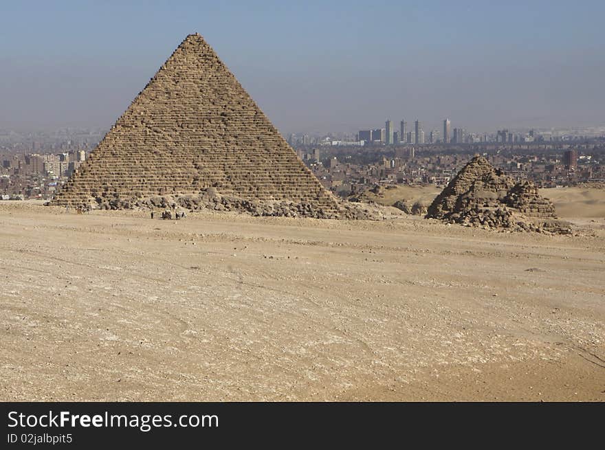 The Pyramid of Menkaure is the smallest of the 3 main Pyramids on the Giza Plateau. Also in this picture are the pyramids of the Queens. You can also see how close to Cairo the Pyramids of Giza actually are.