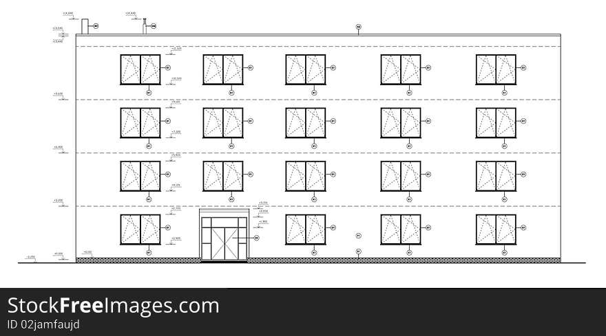 Construction drawing of a small administration building. Black and white illustration