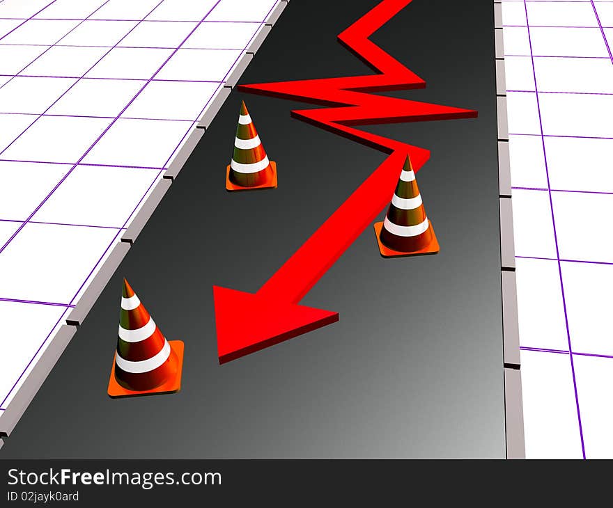 Precautionary cones, road and arrow on checkered background. Precautionary cones, road and arrow on checkered background.