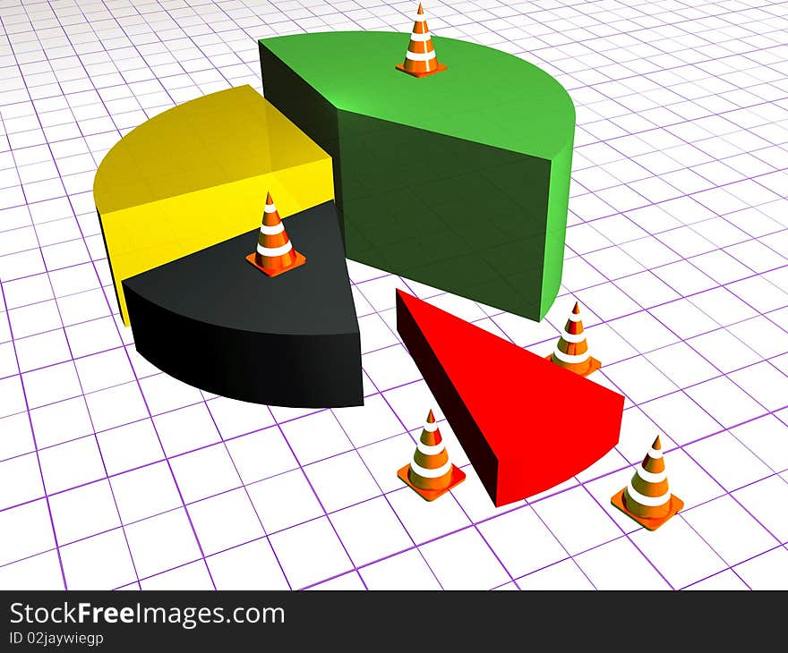 Precautionary cones and diagram, checkered background.