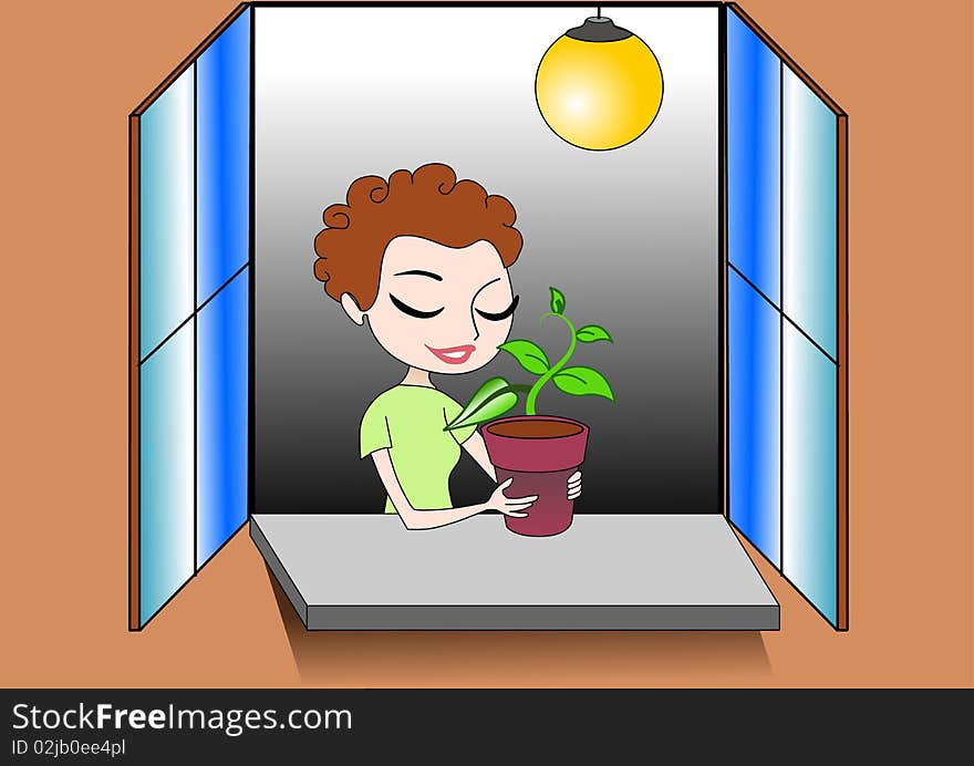 Illustration of pretty woman keeping a plant on the window sill background. Illustration of pretty woman keeping a plant on the window sill background