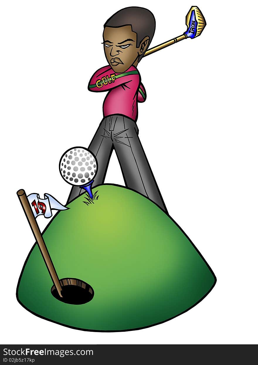 Cartoon character of a young man tee-ing of on the green swinging his golf club. Cartoon character of a young man tee-ing of on the green swinging his golf club.