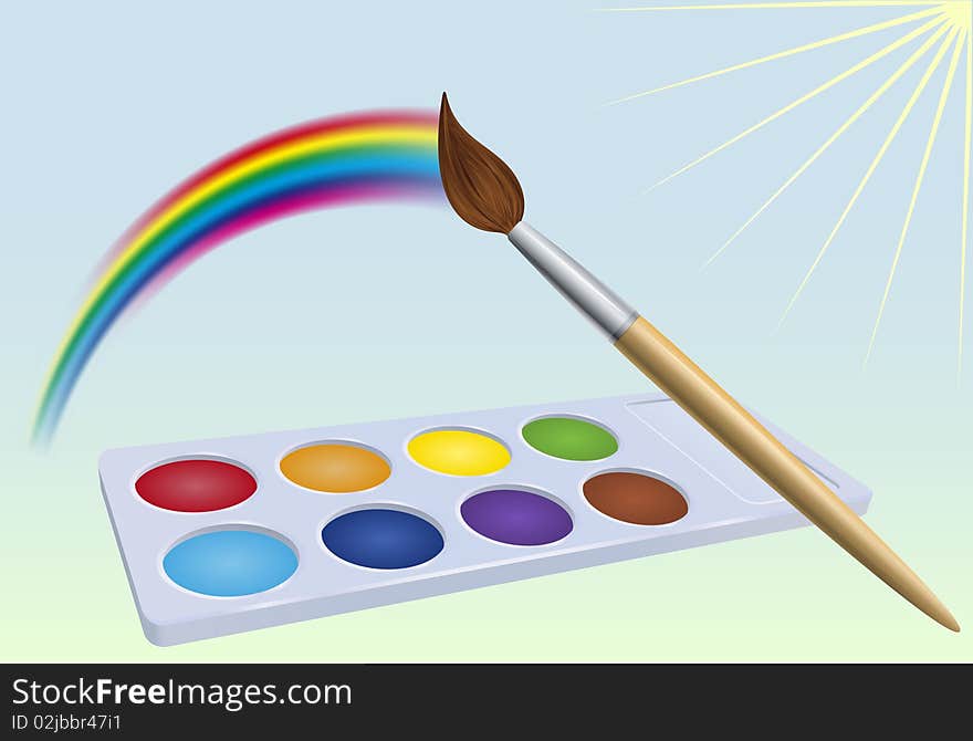 Colour-box, rainbow,  brush and sun