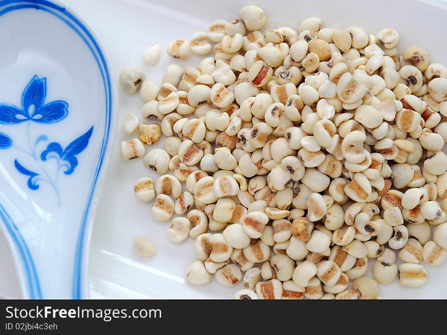 China spoon with dried barley seeds. Commonly used as a food ingredient in many Chinese cuisine and desserts. For food and beverage, and diet and nutrition concepts. China spoon with dried barley seeds. Commonly used as a food ingredient in many Chinese cuisine and desserts. For food and beverage, and diet and nutrition concepts.