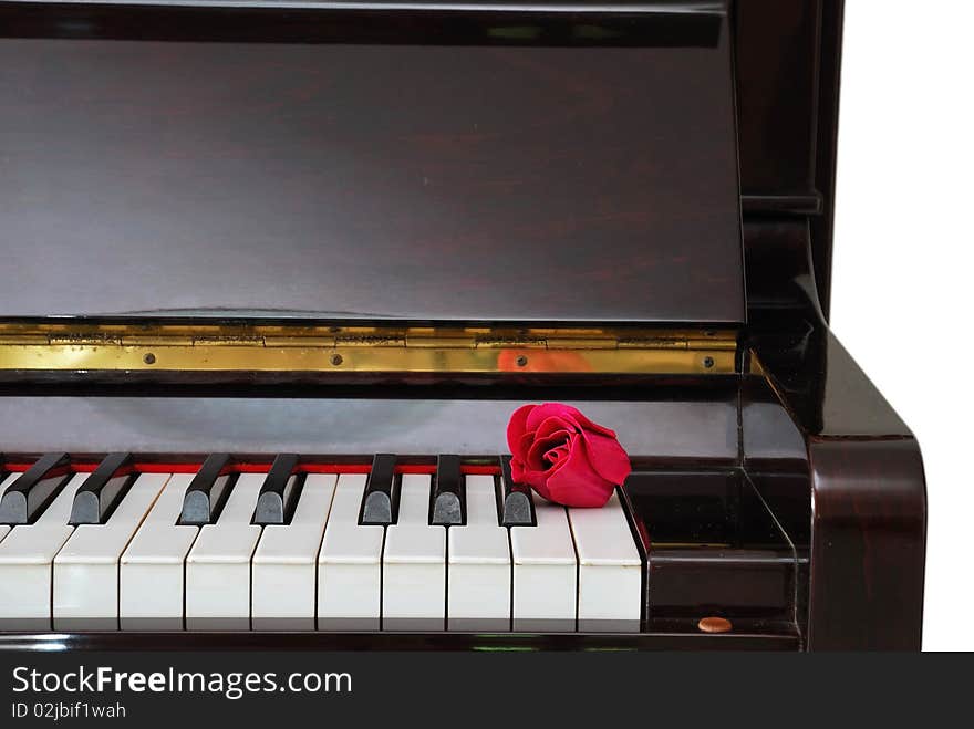 Single red rose on piano keyboard. For love of music, creativity and love and romance concepts.