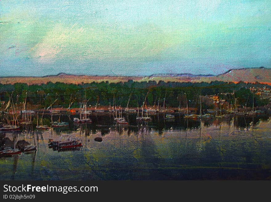 Original oil painting of A Feluccas on the nile. Original oil painting of A Feluccas on the nile