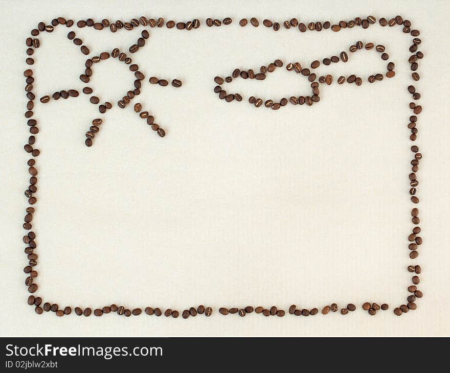 Message board, frame of coffee bean, image of sun and clouds