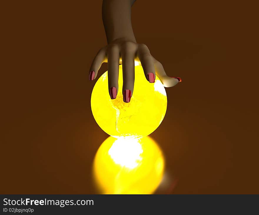 The hand rests on a bright ball, designed with a globe. The hand rests on a bright ball, designed with a globe