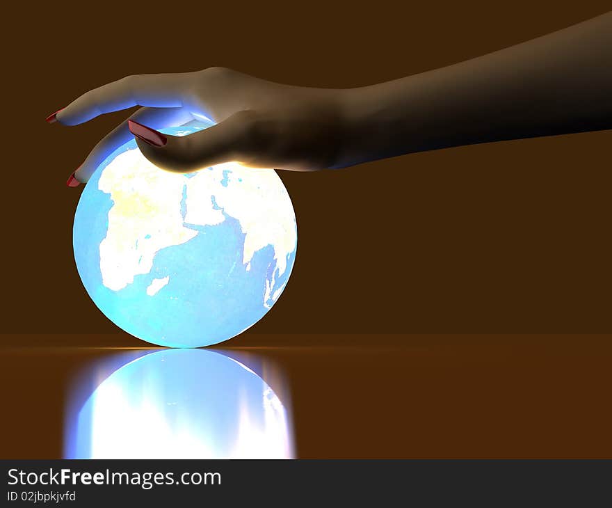 The hand rests on a bright ball, designed with a globe. The hand rests on a bright ball, designed with a globe