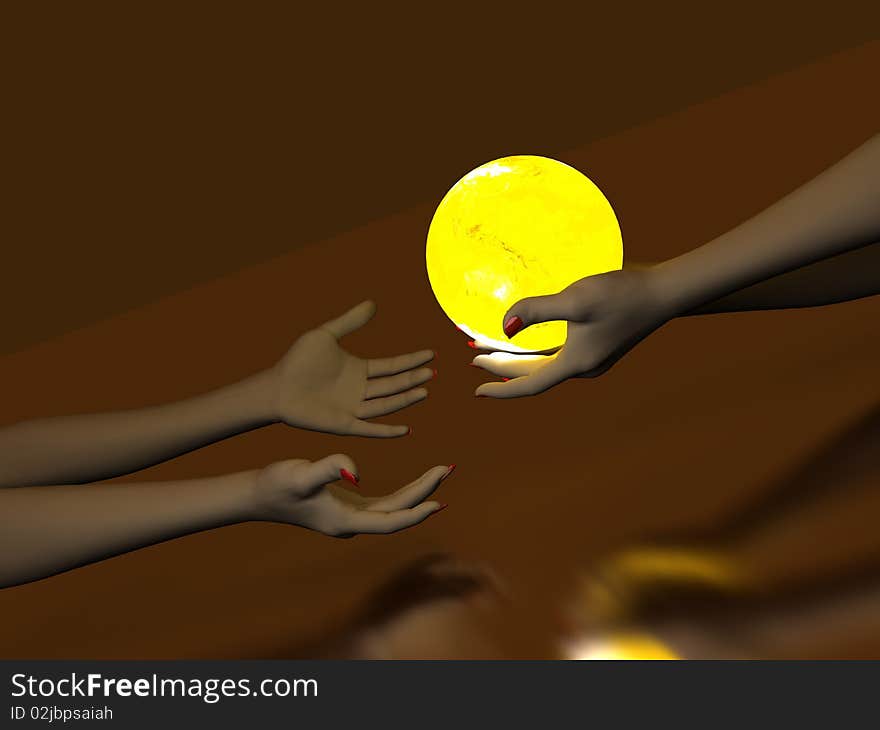 Two hands that transmit yellow Glowing Globe. On dark background. Two hands that transmit yellow Glowing Globe. On dark background