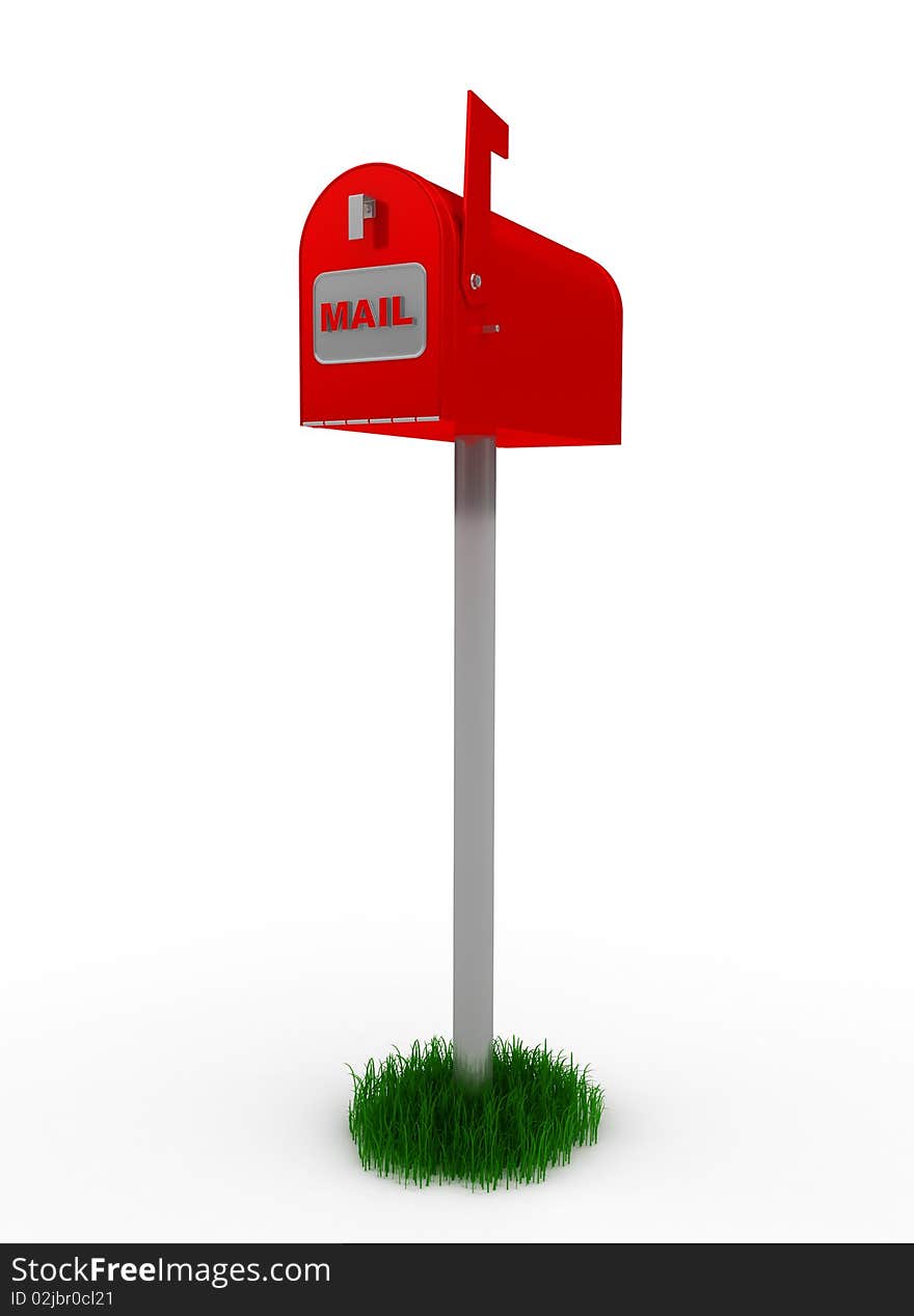 A standard red mailbox with mail and flag isolated over white. A standard red mailbox with mail and flag isolated over white