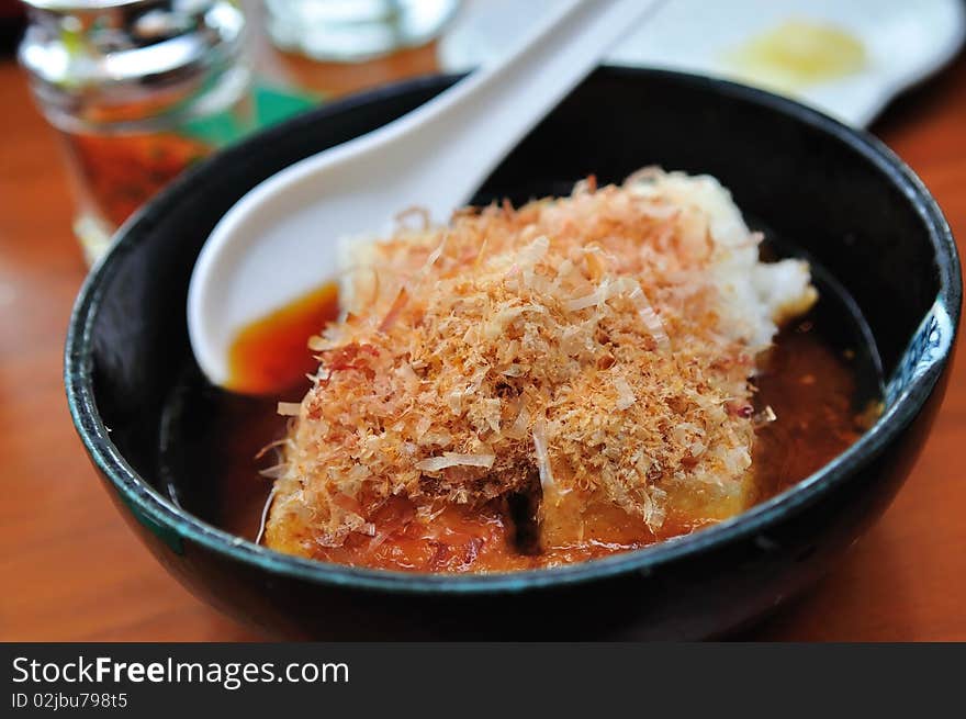 Japanese Agedashi tofu with Katsuobushi toppings