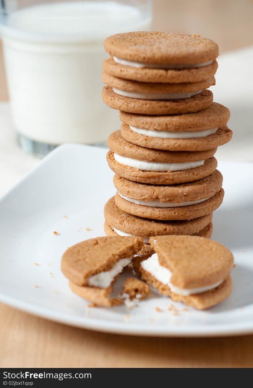 Ginger Cookie Tower on plate with milk glass