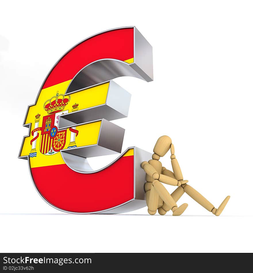 Doll/lay figure sitting at/next to a metal Euro sign wondering - euro surface is textured with the spanish flag. Doll/lay figure sitting at/next to a metal Euro sign wondering - euro surface is textured with the spanish flag