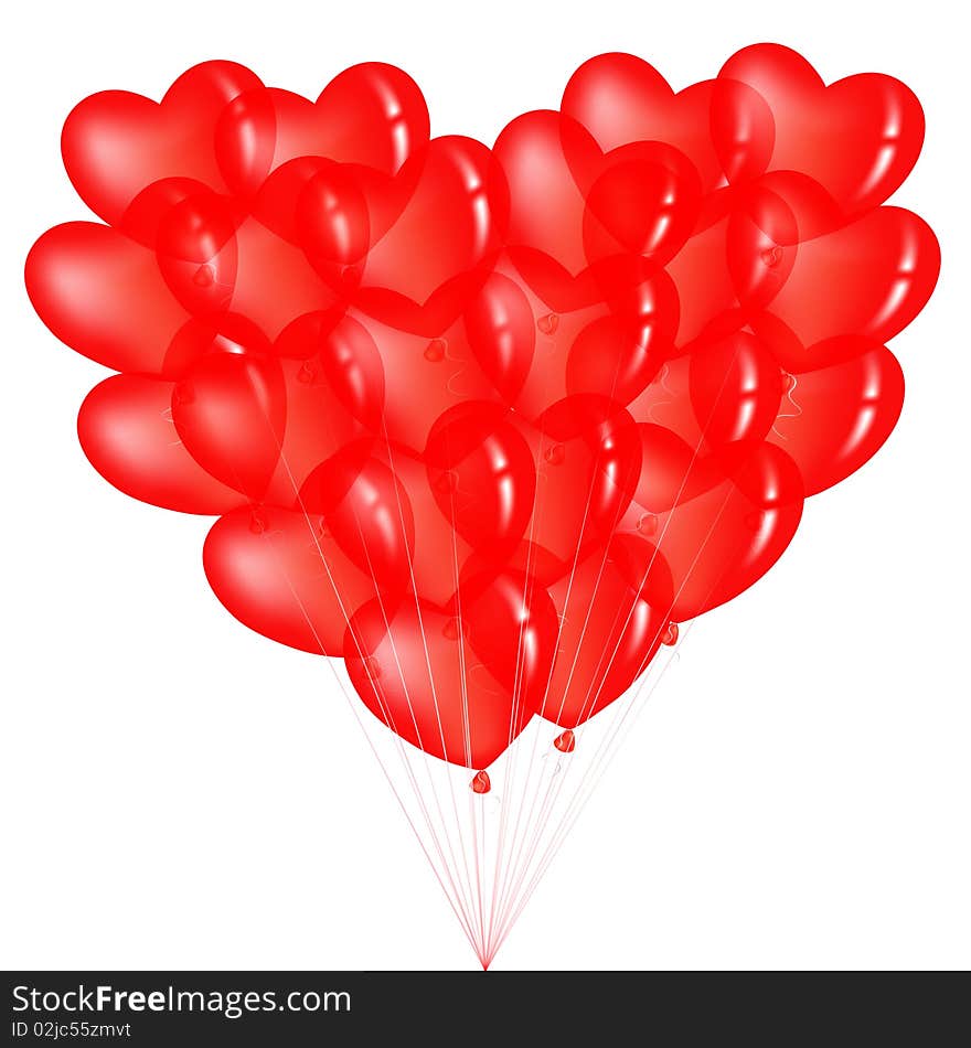 Bunch Of Red Heart Shape Balloons, Isolated On White. Bunch Of Red Heart Shape Balloons, Isolated On White