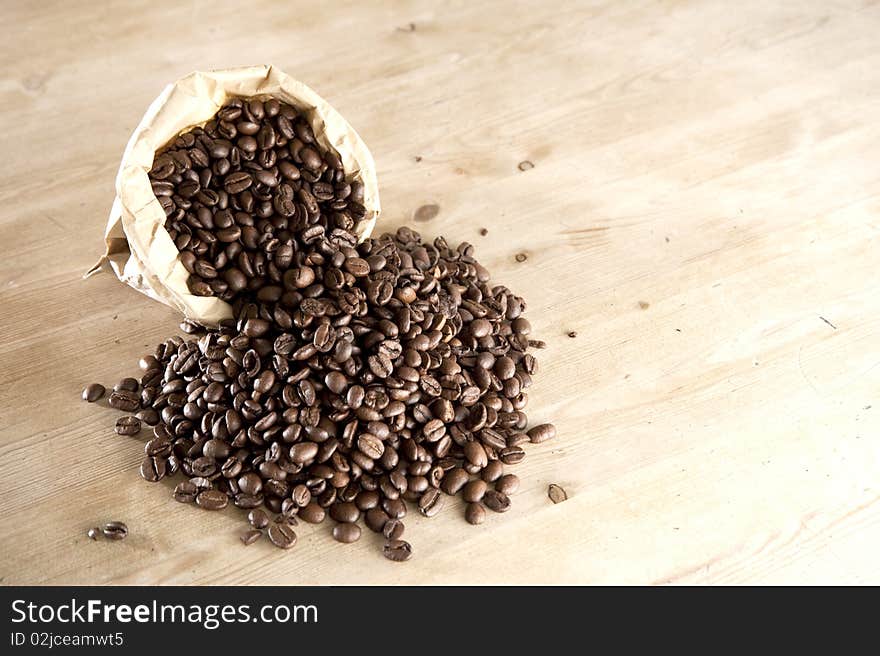 Close up, a bag of coffee beans, with shallow depth of field