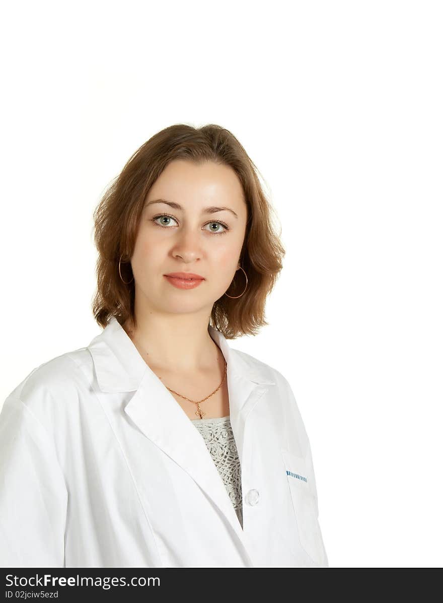 Portrait of a girl in a white robe with a white background. Portrait of a girl in a white robe with a white background