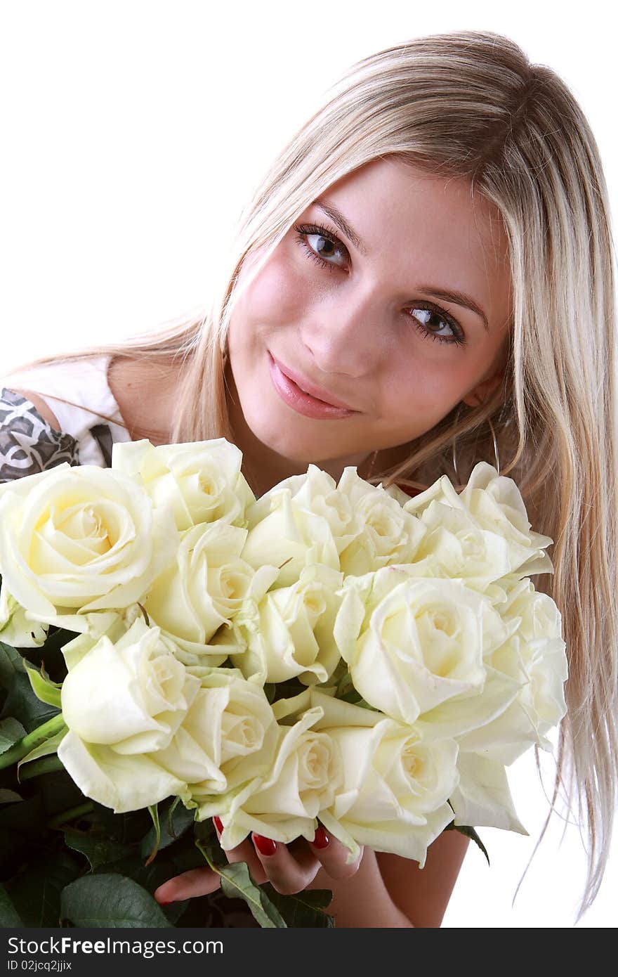 Image of attractive girl with bunch of flowers