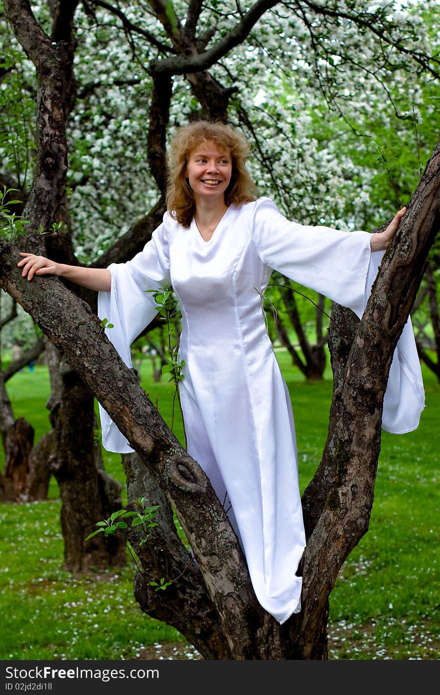 The blonde girl in white dress standing on apple-tree with white flowers. The blonde girl in white dress standing on apple-tree with white flowers