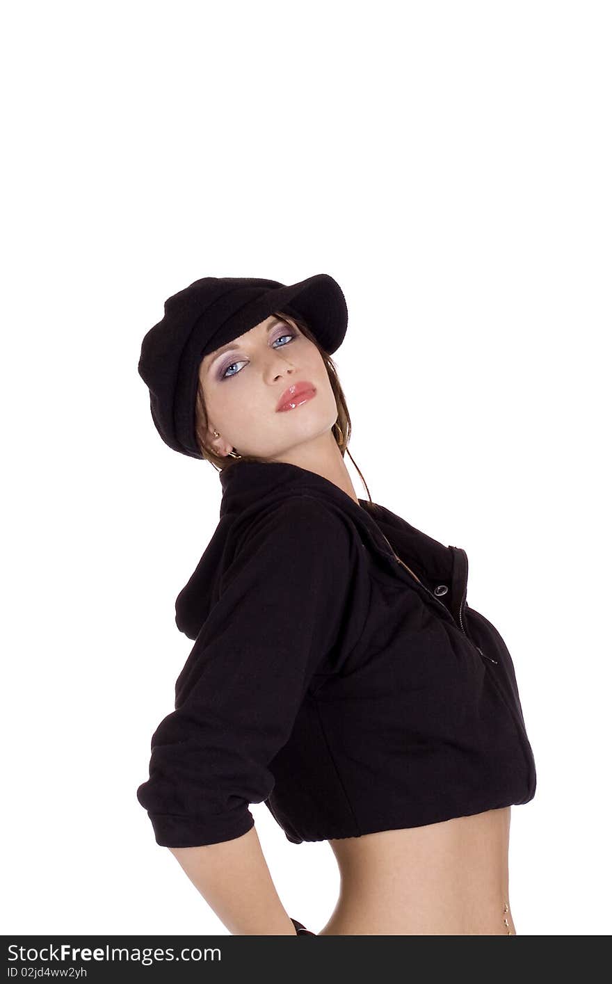 Beautiful woman wearing a black beret beret. Beautiful woman wearing a black beret beret