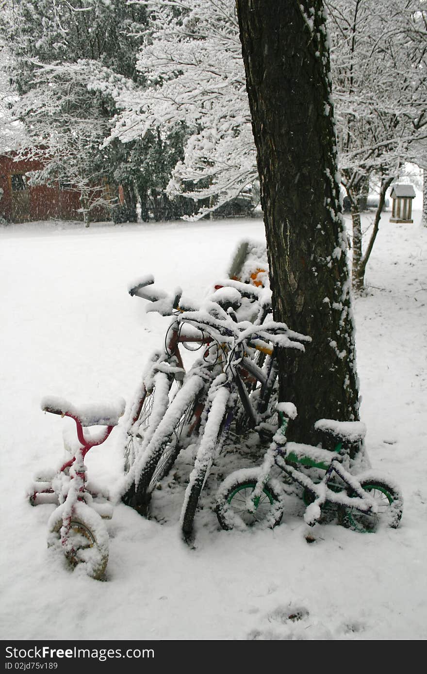 Bicycles in the snow