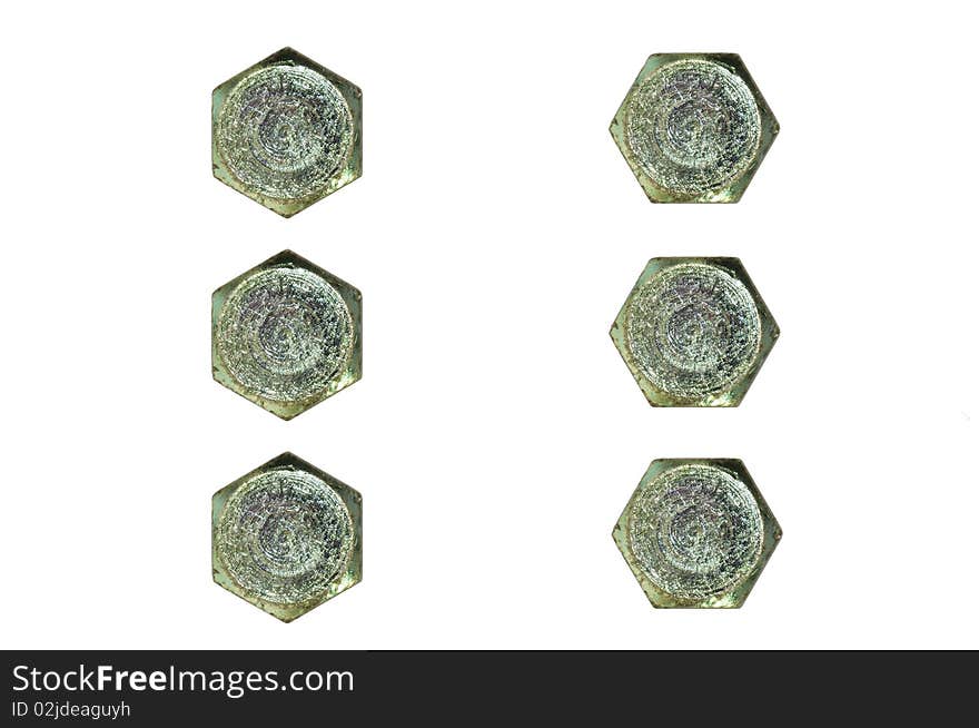 6 big silver hexagonal metal cap heads. 6 big silver hexagonal metal cap heads.