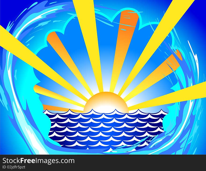 Abstract sunny background with rays and waves