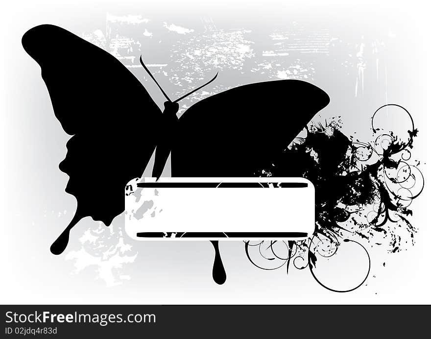 Black butterfly on grunge background with place for text