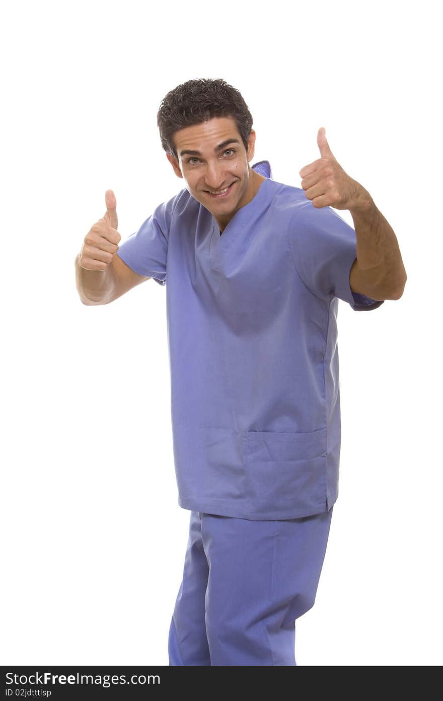 Successful surgeon in scrubs uniform showing thumbs up. Successful surgeon in scrubs uniform showing thumbs up