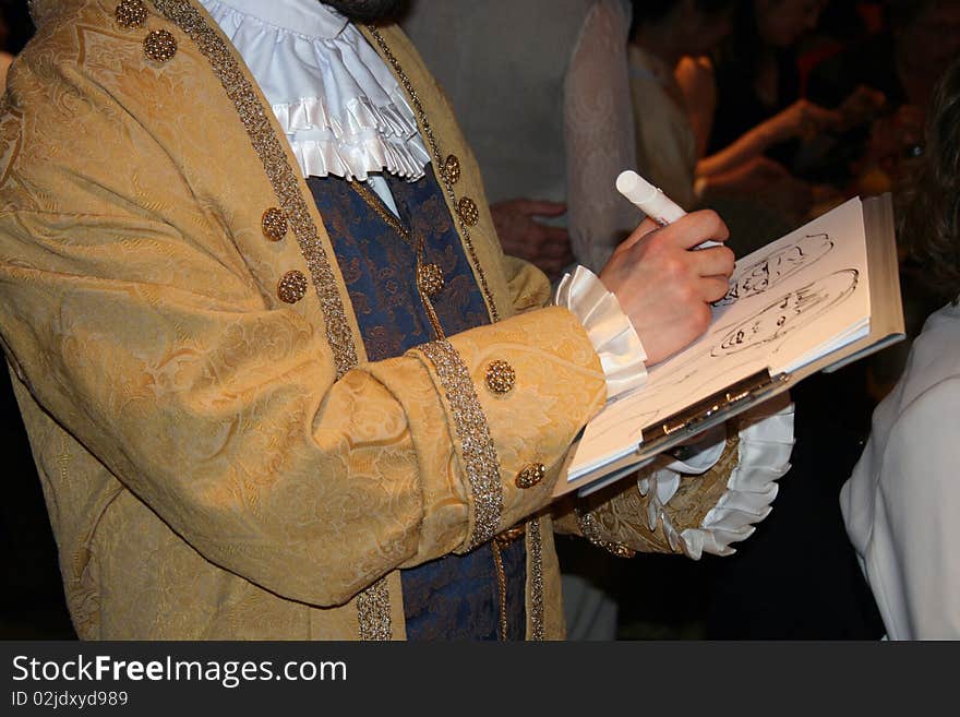 Sketch artist in period costume drawing a profile