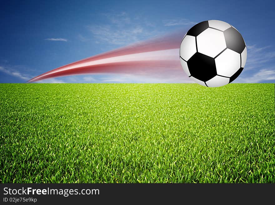 Penalt shot of a football with dynamic line on a grass field. Penalt shot of a football with dynamic line on a grass field