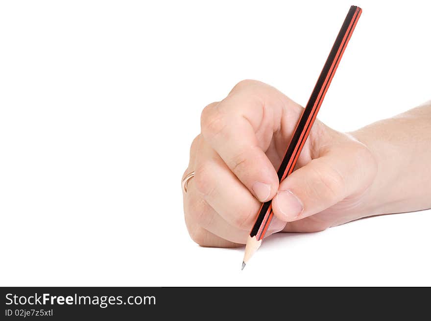 Male hand and red pencil