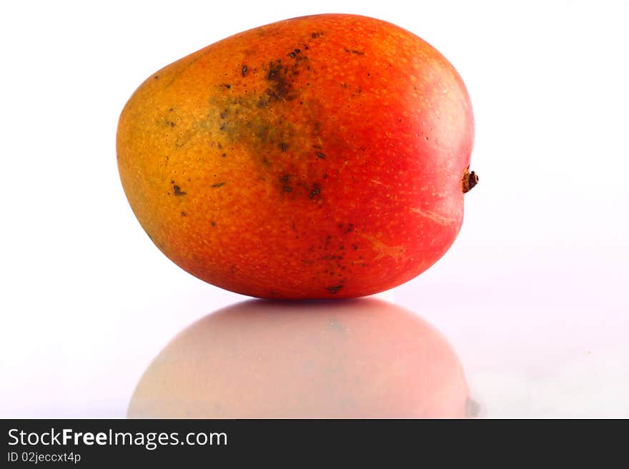 A single mango with a reflection