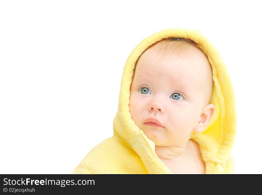 Small child in yellow hood on white background